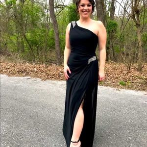 Evening gown by ALEX evenings, black one-shoulder with beading, size 8